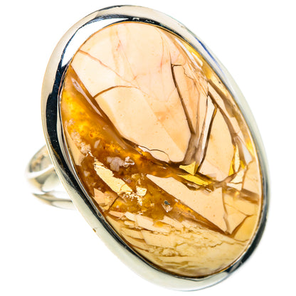 Sterling silver oval mookaite cabochon ring, amber and cream stone with natural pattern
