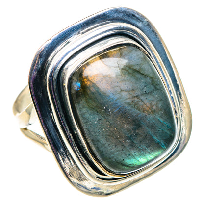 Labradorite ring with oval silver bezel and layered wire-style settings, size 7.5