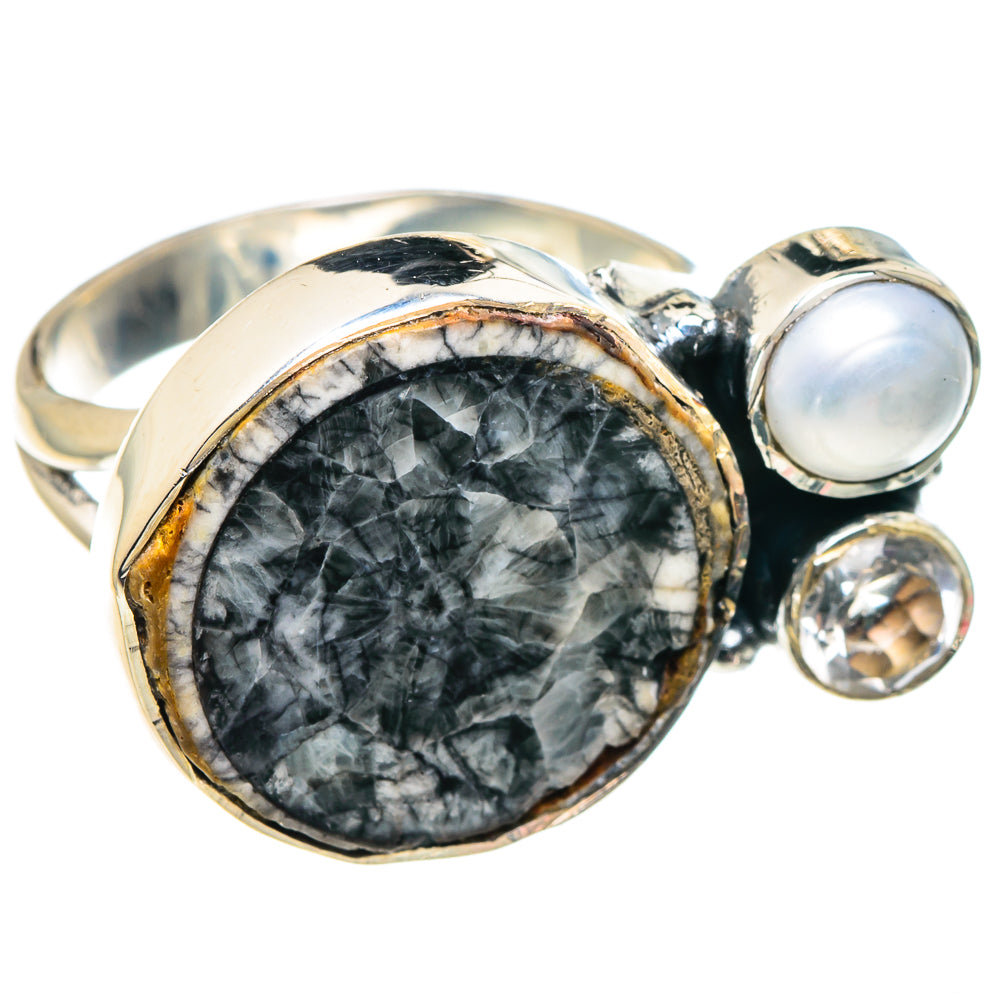 925 sterling silver ring with oval dark stone setting, white cultured pearl, and round clear accents