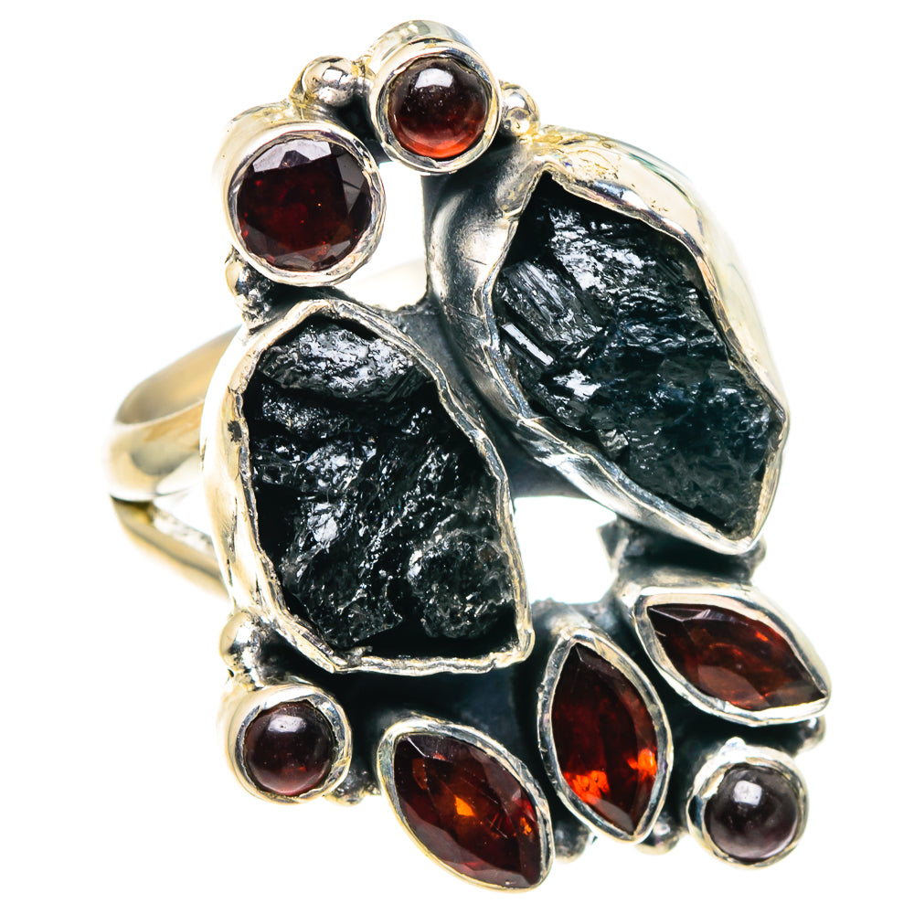 Sterling silver ring with rough black tourmaline and red garnet stones, bezel-set