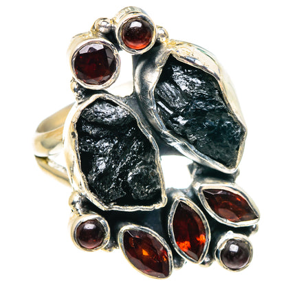 Sterling silver ring with rough black tourmaline and red garnet stones, bezel-set