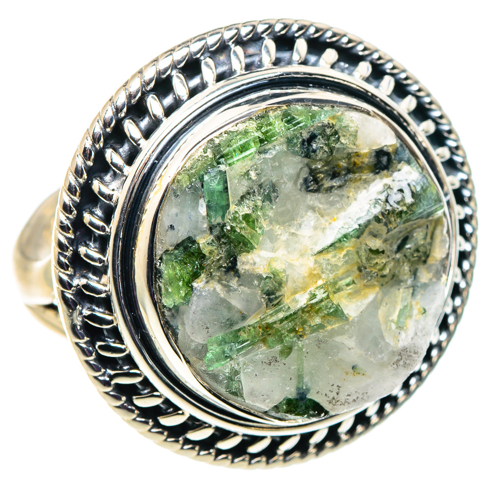 Ornate sterling silver tourmaline-in-quartz oval ring with green crystal center
