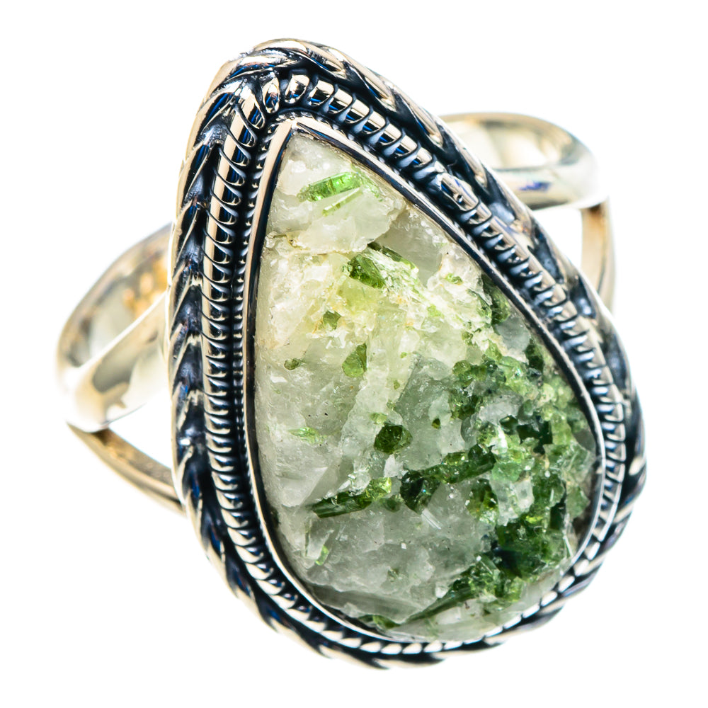 Oval green tourmaline in quartz sterling silver ring, size 8, detailed rope bezel