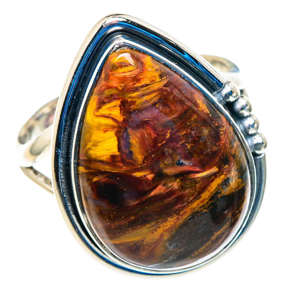 Oval golden-brown pietersite ring in sterling silver bezel, textured side details