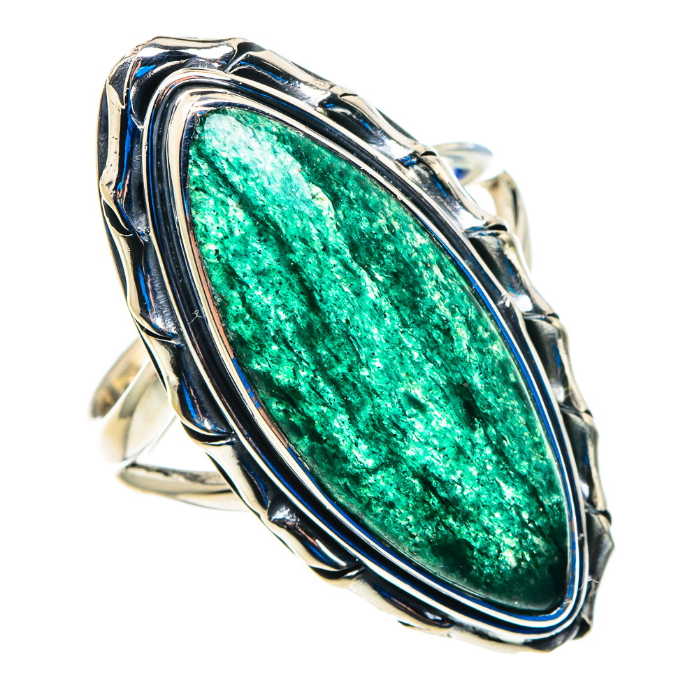 Sterling silver ring, green oval aventurine centerpiece with raised ornate blue trim