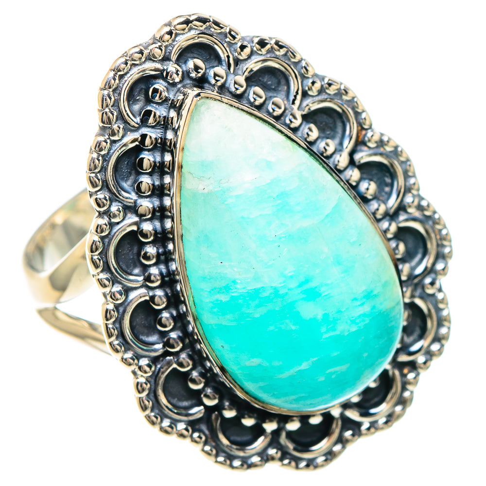 Sterling silver larimar teardrop ring with ornate bezel filigree, size 8.5