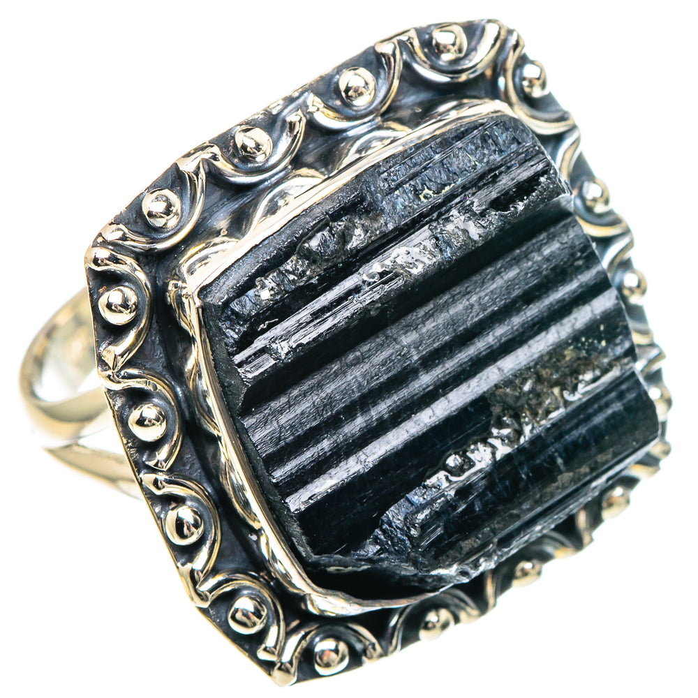 Rough black tourmaline ring in ornate 925 sterling silver frame, angled view