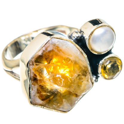 Sterling silver ring with cushion-cut yellow citrine centerpiece, cultured pearls, dark accents