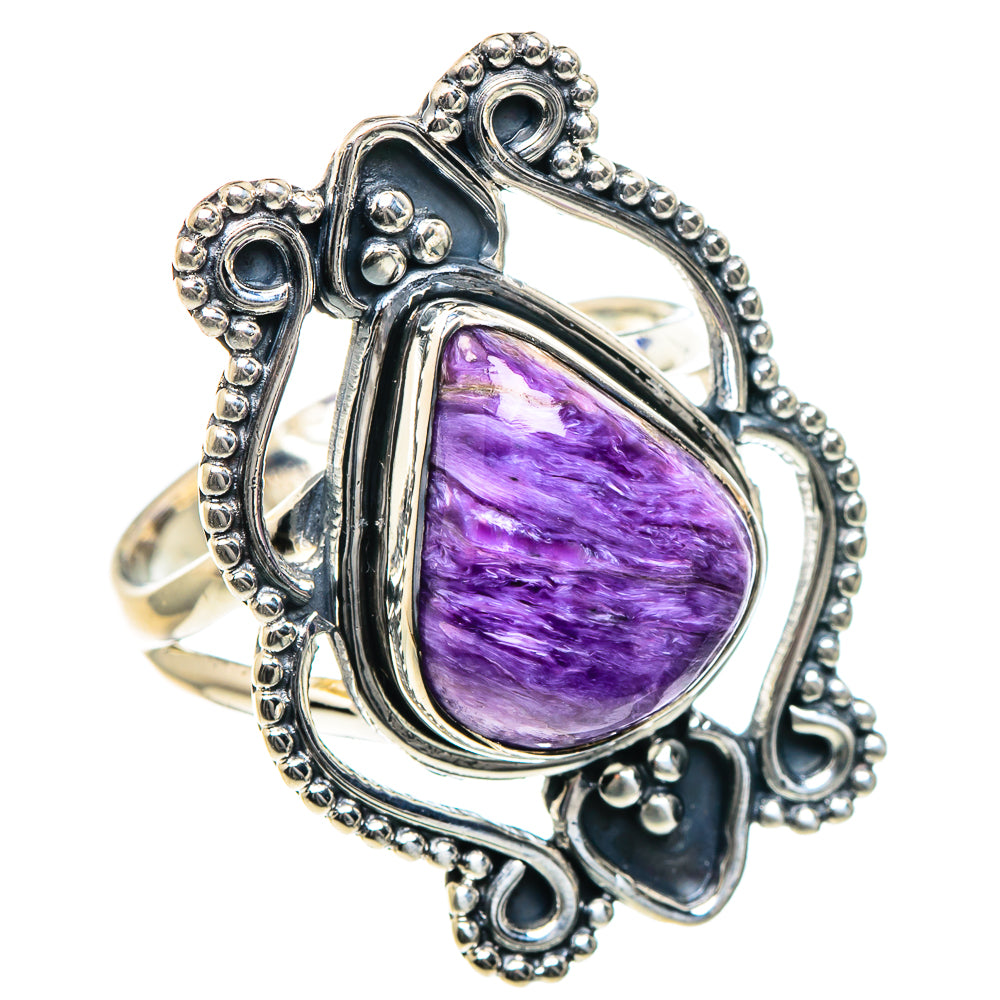 Oval purple charoite centerpiece ring with detailed beaded silver frame, size 8