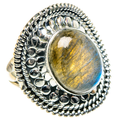 Large 925 sterling silver bezel ring with oval iridescent labradorite, size 8