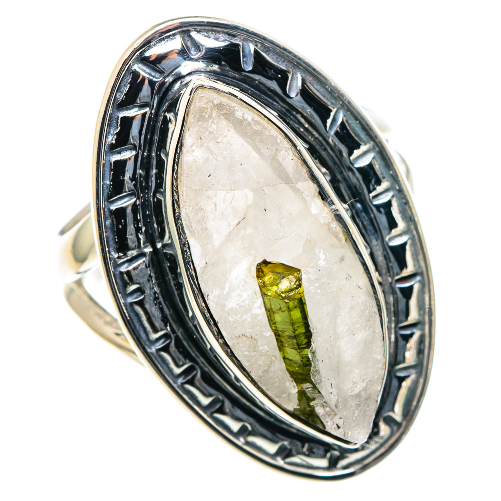 Sterling silver oval ring with green tourmaline in quartz, textured border setting
