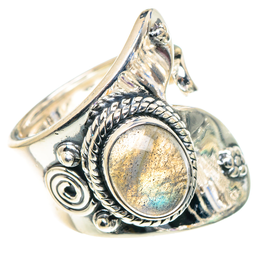 Sterling silver adjustable ring with oval labradorite stone and ornate rope setting