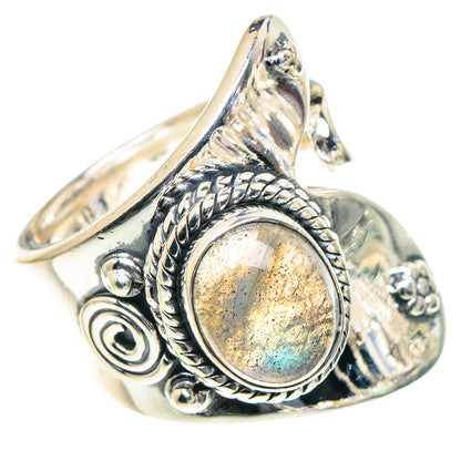 Sterling silver adjustable ring with oval labradorite stone and ornate rope setting