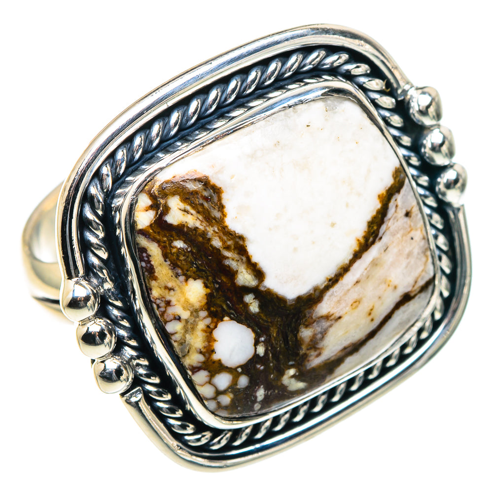 Wild horse jasper ring, 925 sterling silver oval setting; white stone with dark brown blotches