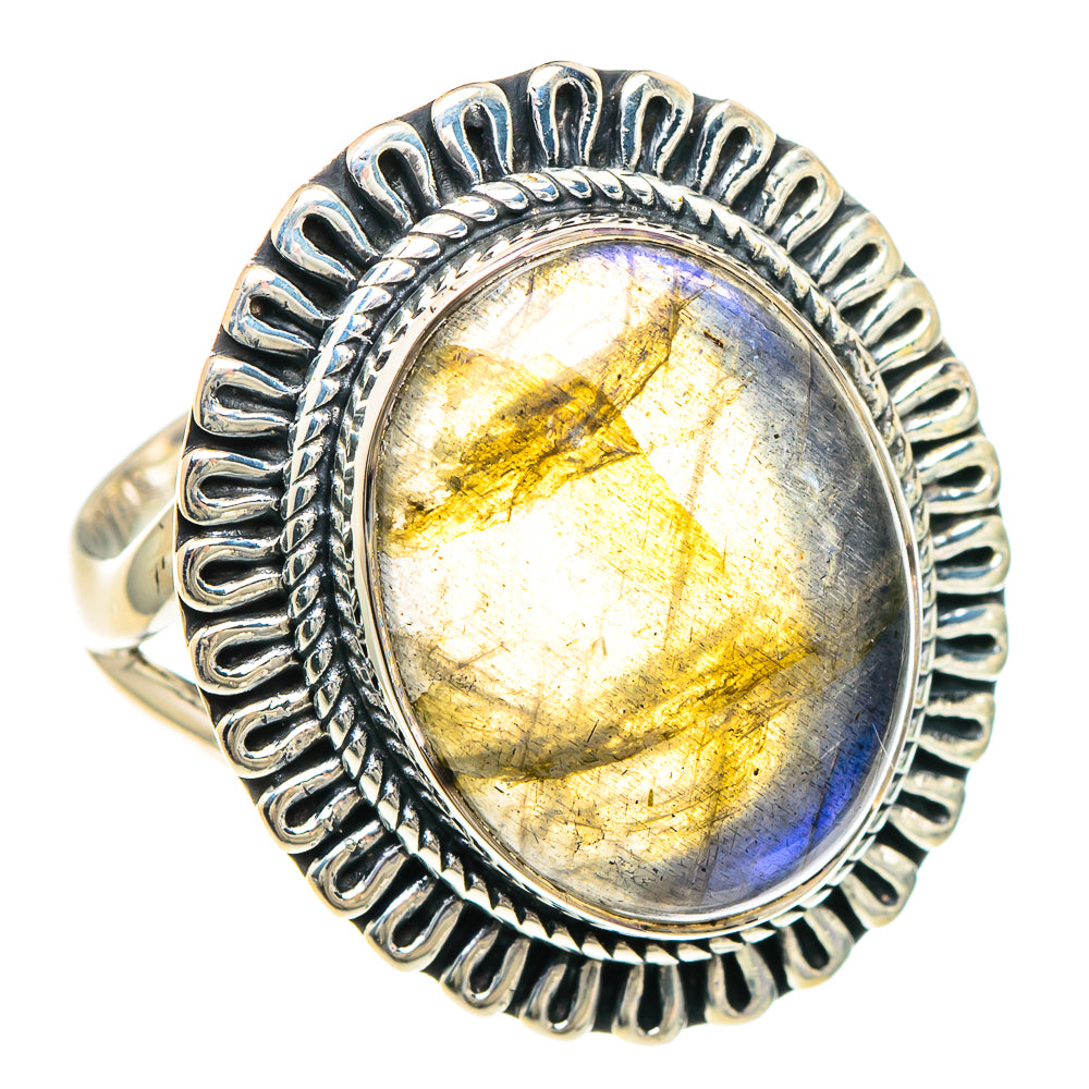 Oval labradorite cabochon sterling silver ring, golden and blue flashes, size 7