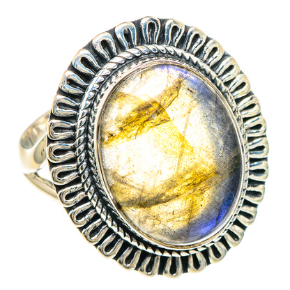 Oval labradorite cabochon sterling silver ring, golden and blue flashes, size 7