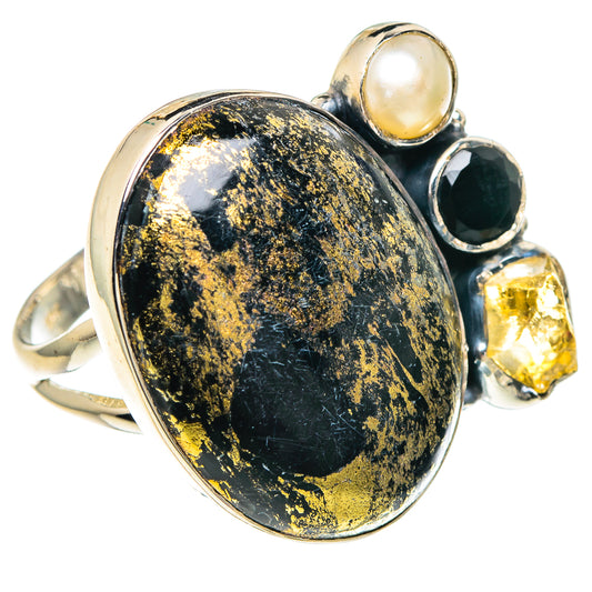 Pyrite In Black Onyx Rings handcrafted by Ana Silver Co - RING94184