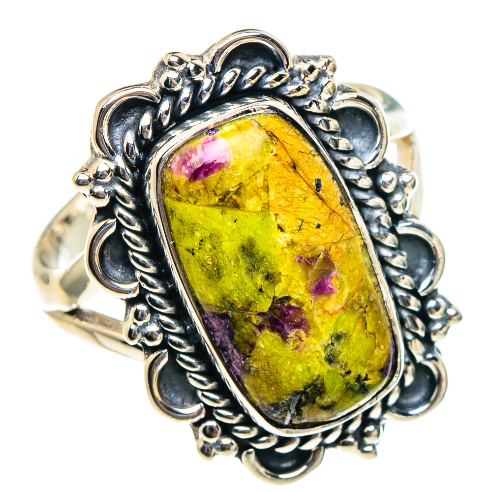 Sterling silver oval gemstone ring, yellow cabochon with purple veining and detail