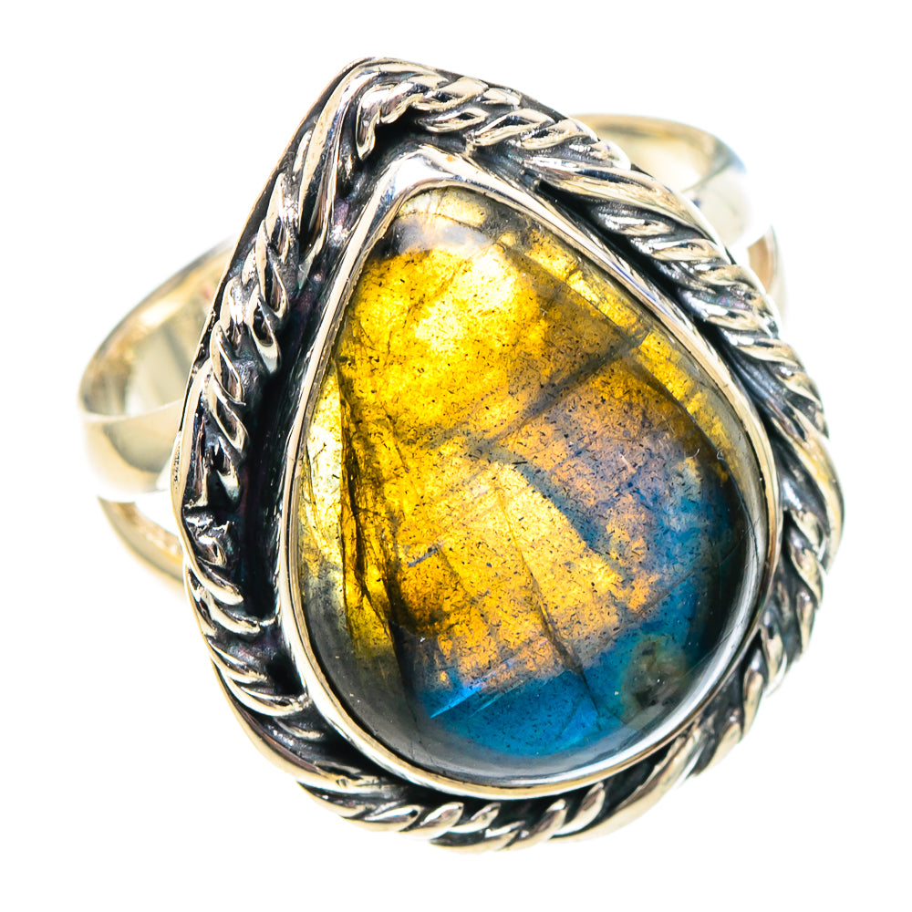 925 sterling silver labradorite oval ring with braided rope bezel, gold and blue iridescence