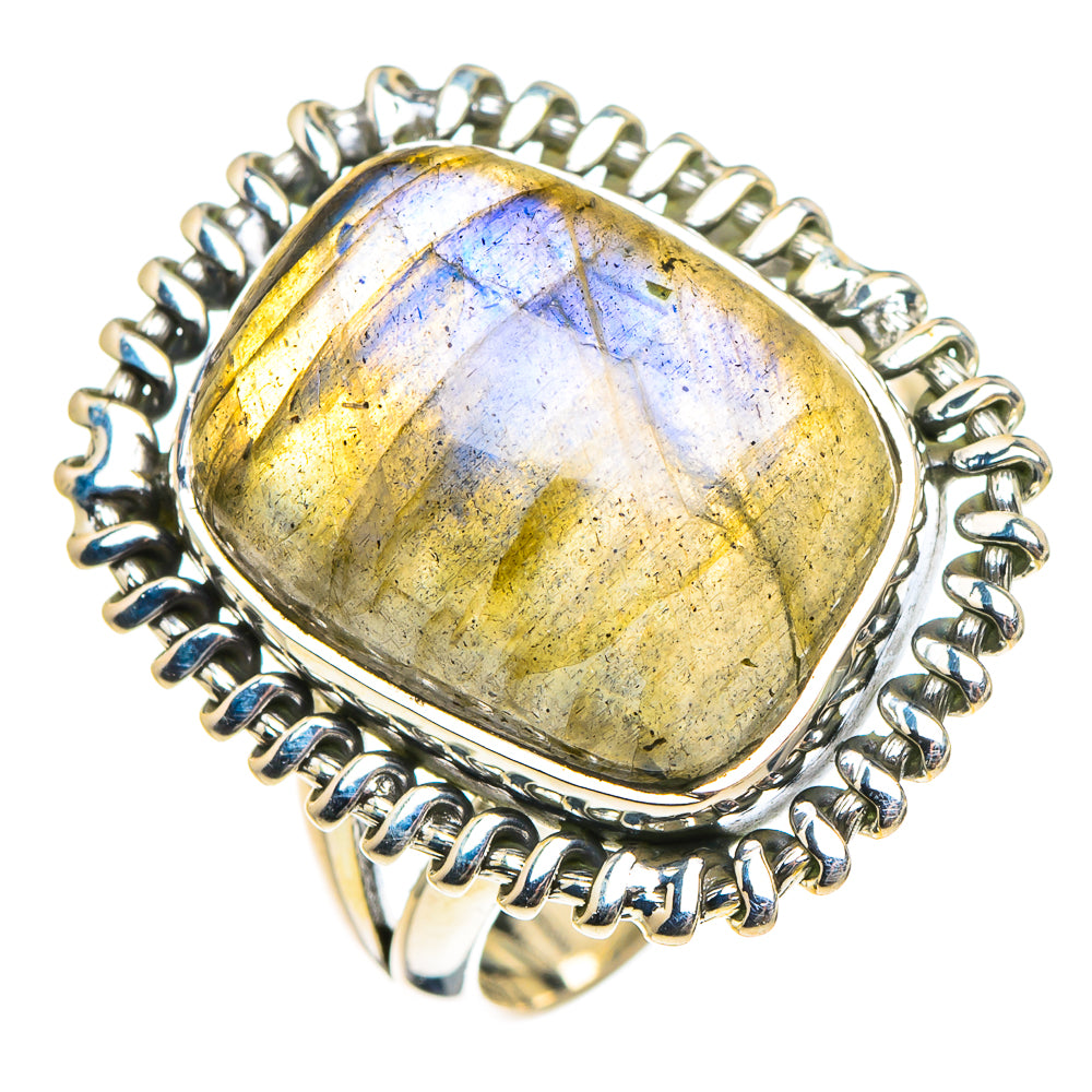 Sterling silver oval labradorite ring with yellow-blue shimmer, halo bezel setting