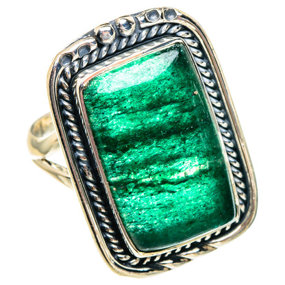 Large sterling silver Aventurine ring with rectangular green gemstone and braided bezel