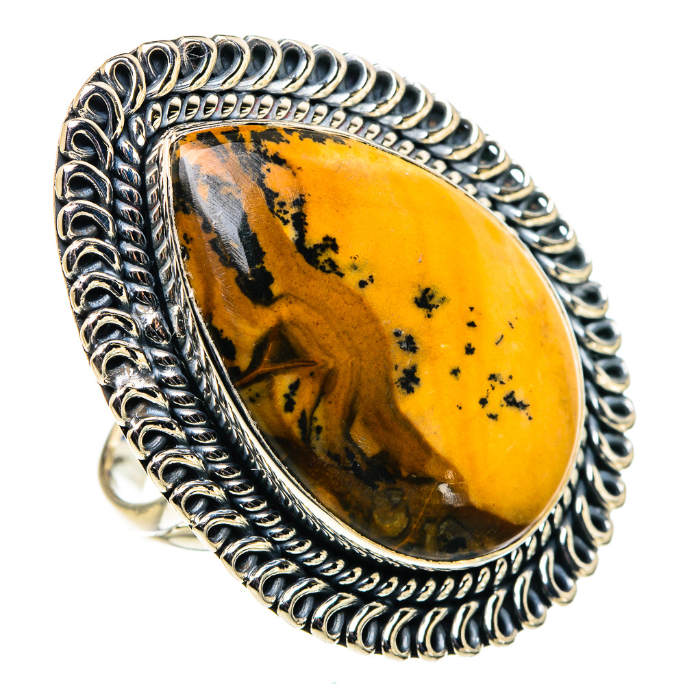 Size 9.25 picture jasper ring with oval dark-yellow stone in silver-toned setting