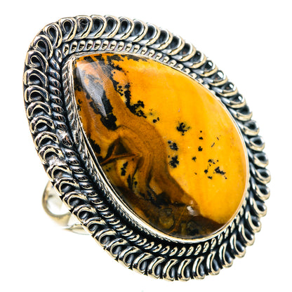 Size 9.25 picture jasper ring with oval dark-yellow stone in silver-toned setting