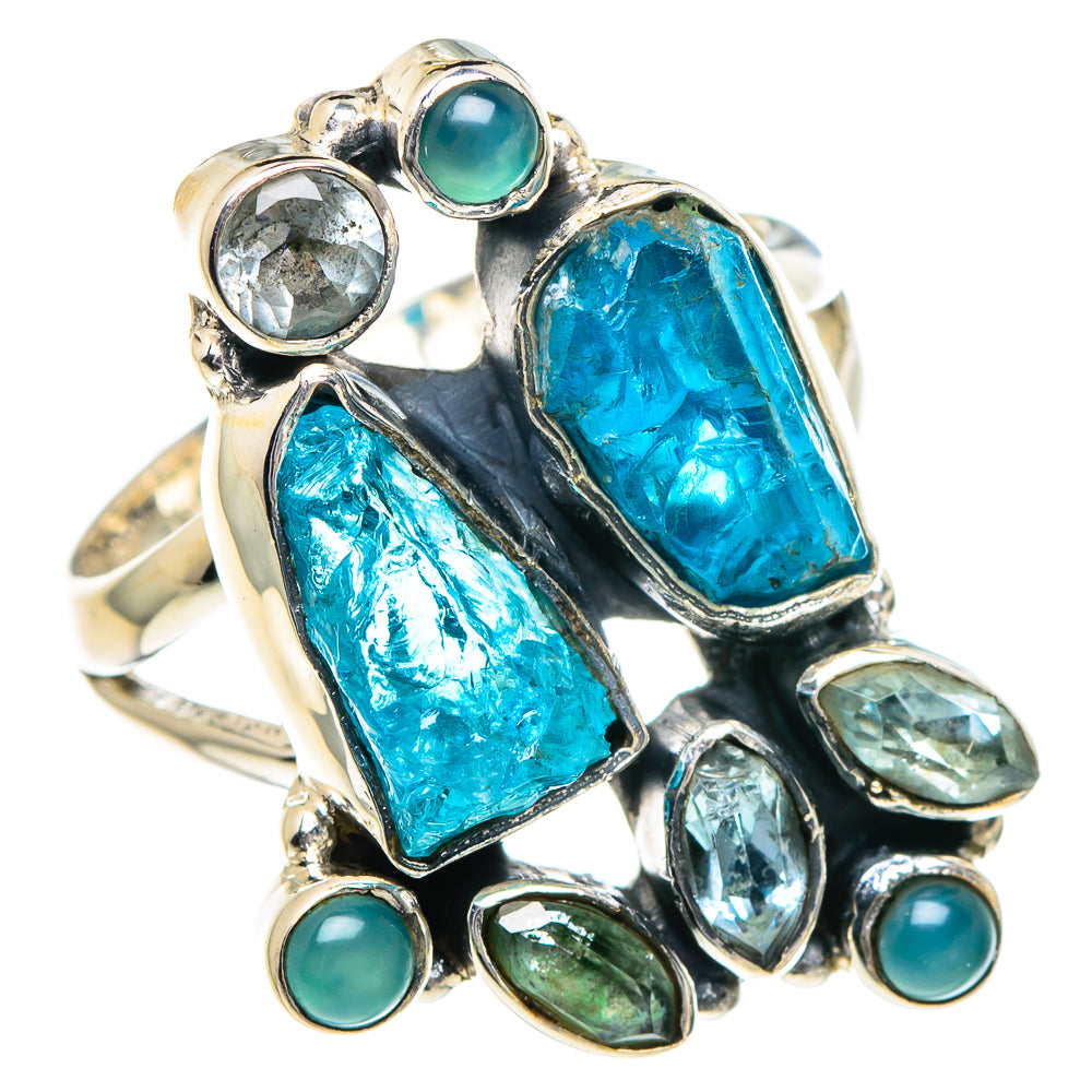 Sterling silver rough blue gemstone ring with oval accents and green cabochons