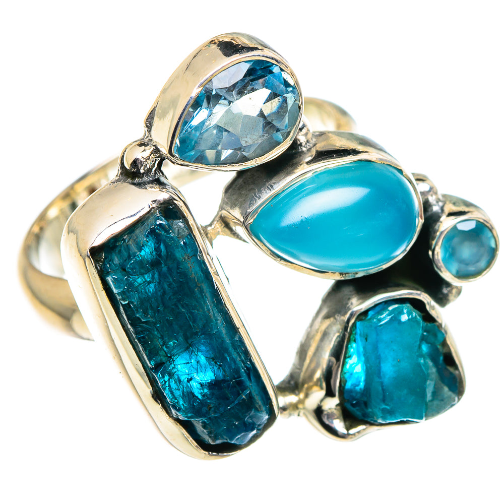 Blue gemstone ring with mixed cabochon and rough stones in silver-tone setting