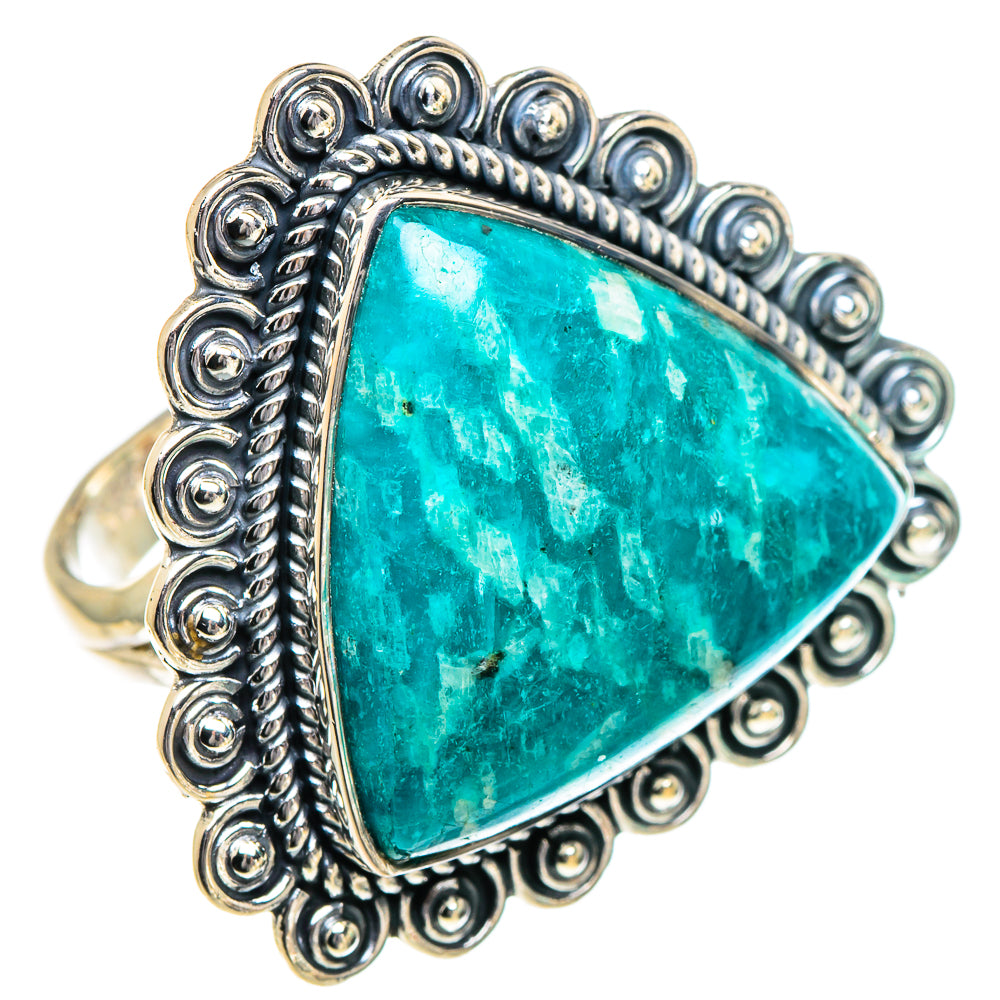 Large amazonite triangle ring with turquoise-blue stone and ornate silver bead setting
