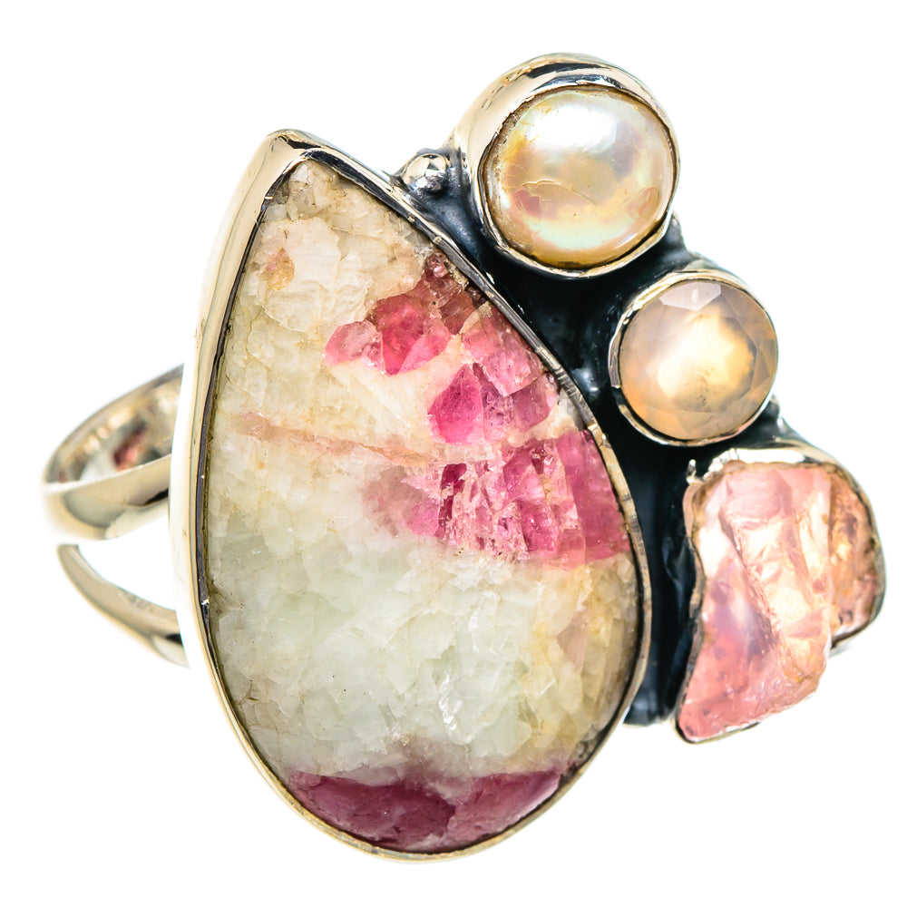 Sterling silver ring with teardrop rose quartz, three cultured pearls, and pink stone