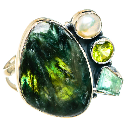 Seraphinite, Green Tourmaline, Peridot, Cultured Pearl Rings handcrafted by Ana Silver Co - RING95129