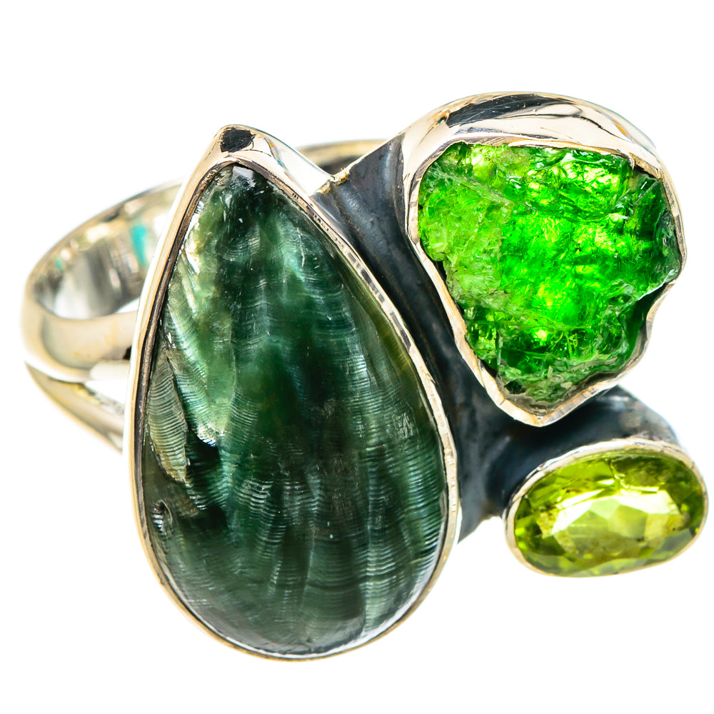 Seraphinite, Chrome Diopside, Peridot Rings handcrafted by Ana Silver Co - RING95132