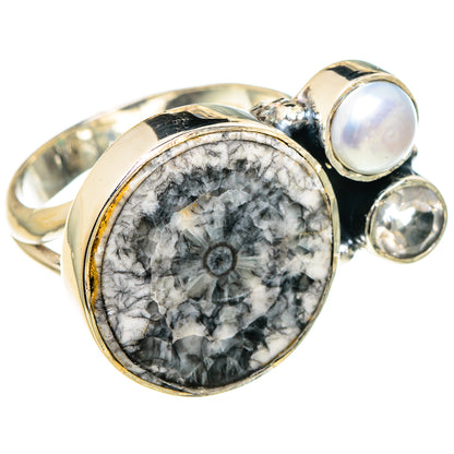 Goniatite Fossil, White Quartz, Cultured Pearl Rings handcrafted by Ana Silver Co - RING95153