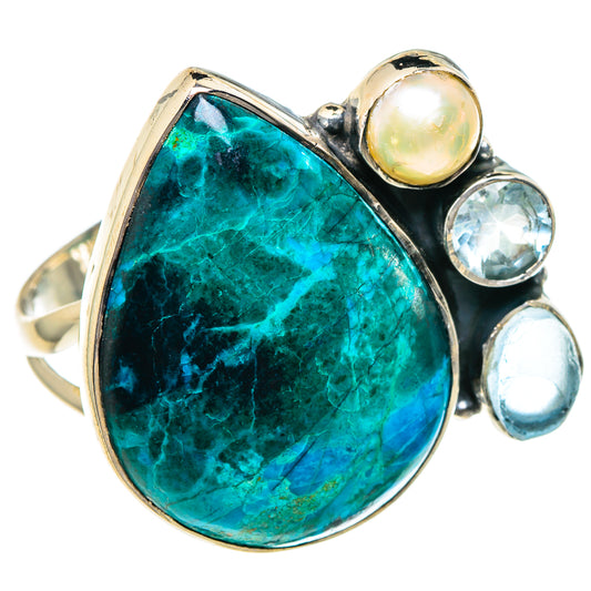 Chrysocolla, Aquamarine, Blue Topaz, Cultured Pearl Rings handcrafted by Ana Silver Co - RING95184