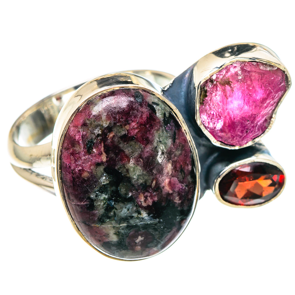 925 sterling silver ring with dark oval gemstone, pink oval stone, and red-orange side stone