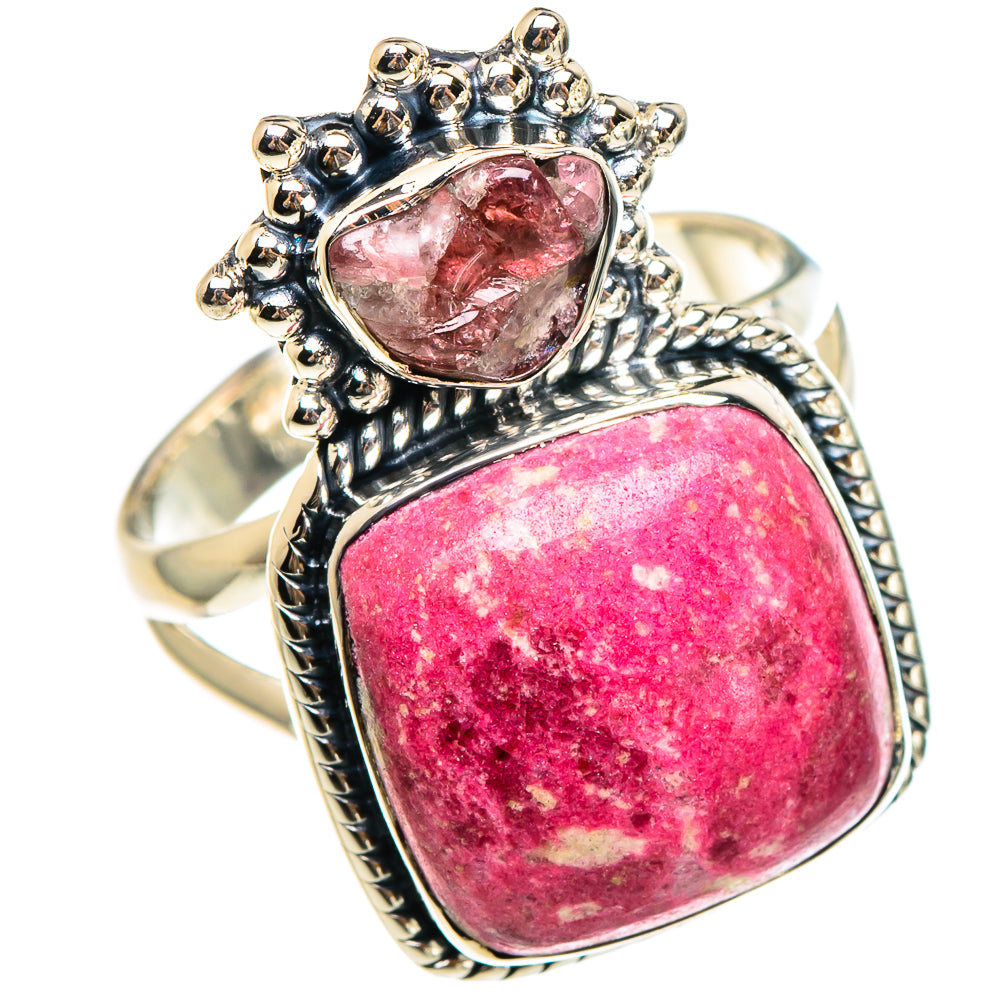 Sterling silver gemstone ring with pink cabochons, ornate halo setting