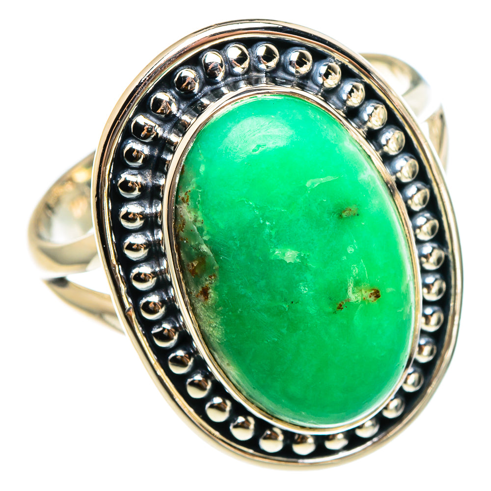 Oval green chrysoprase sterling silver ring with beaded bezel and scalloped edge, size 9.25