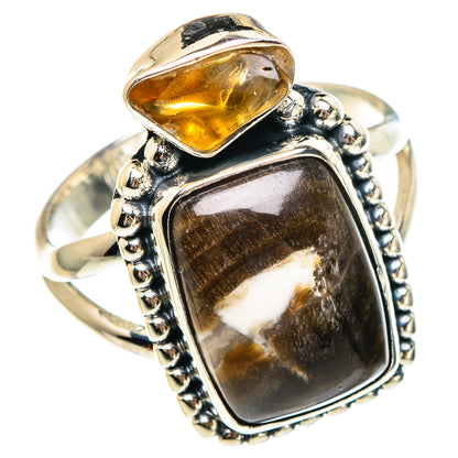 925 sterling silver ring with square jasper and pear citrine, ornate beaded bezel