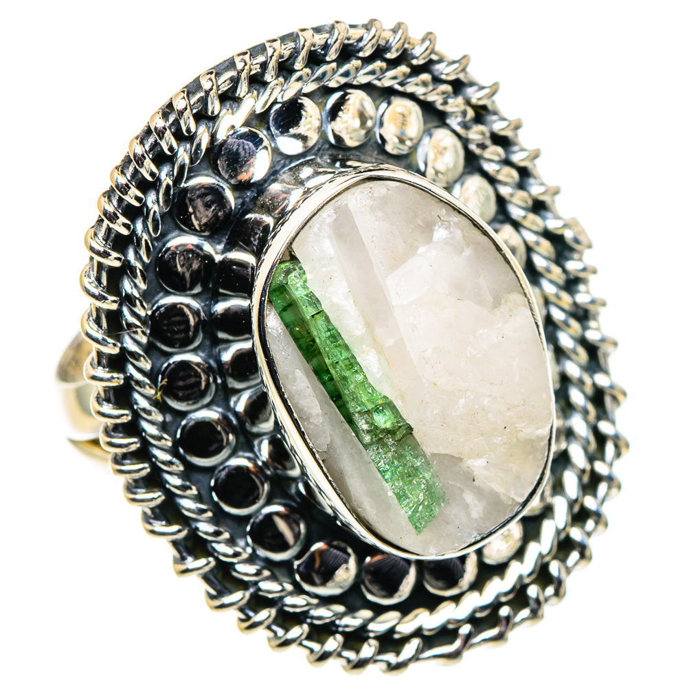 Sterling silver tourmaline quartz oval ring, green stone set in scalloped bezel