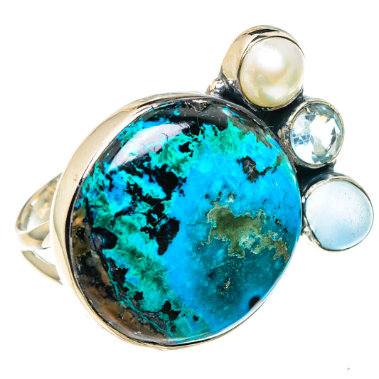 Shattuckite, Blue Topaz, Aqua Chalcedony, Cultured Pearl Rings handcrafted by Ana Silver Co - RING95935