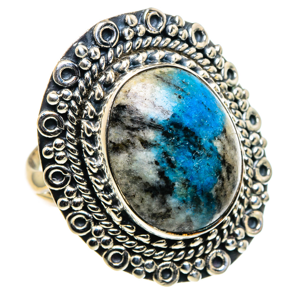 Sterling silver oval azurite ring with ornate beadwork bezel and bright blue stone