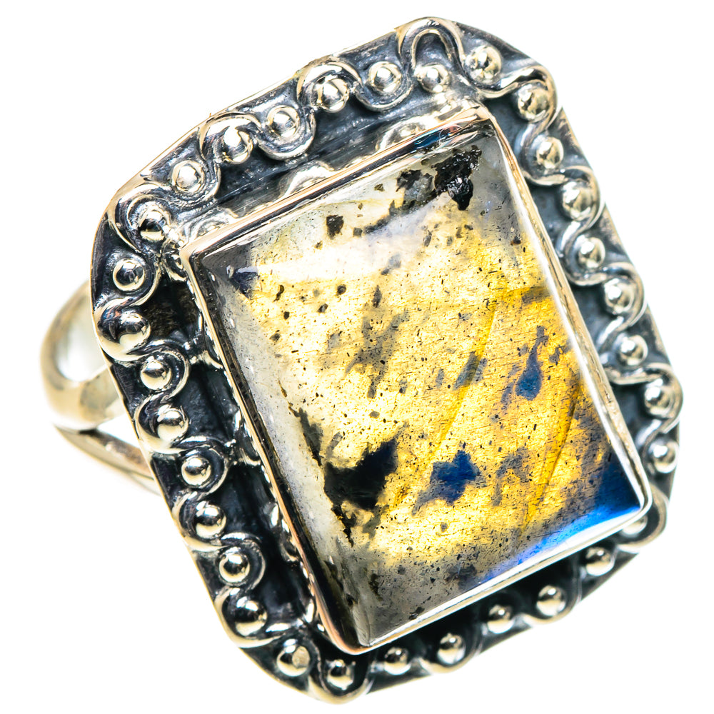 Large labradorite ring, size 9, ornate 925 sterling silver setting, yellow-blue iridescence