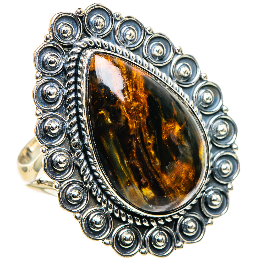 925 sterling silver teardrop pietersite ring, ornate beaded halo and rope border