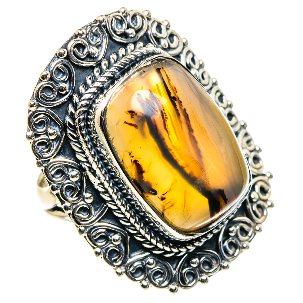 Oval Montana agate ring with 925 sterling silver filigree bezel, amber yellow cabochon.