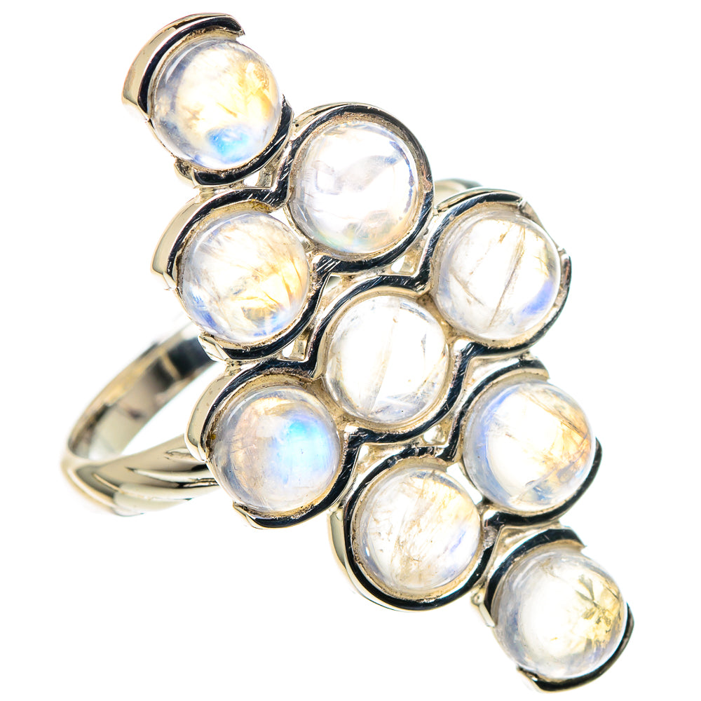 Sterling silver ring with oval rainbow moonstone cabochons in a clustered bezel setting