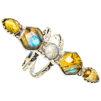925 sterling silver labradorite ring with blue and yellow faceted stones, ornate setting