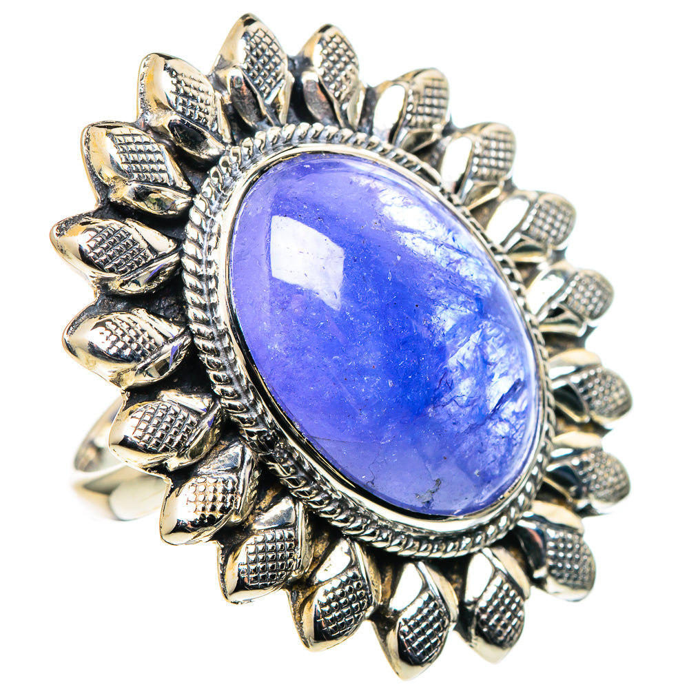 Oval blue gemstone ring with sterling-silver sunburst prong setting