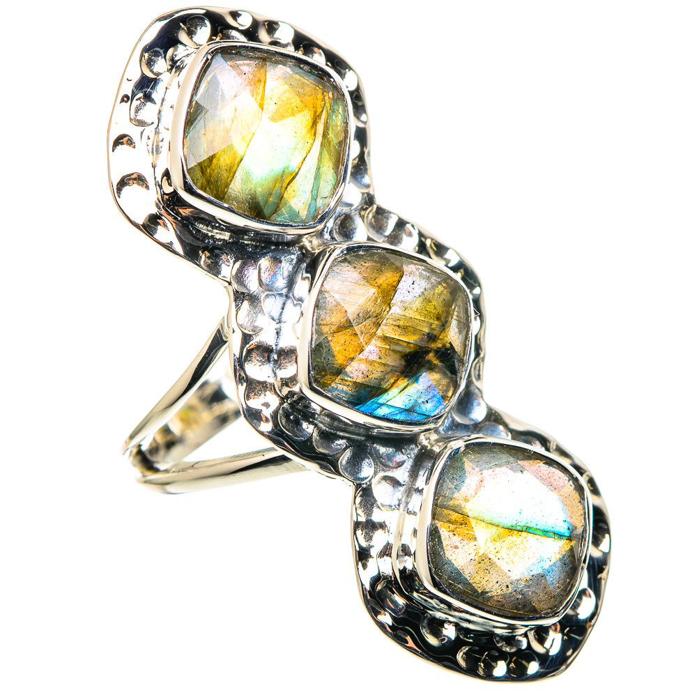 Labradorite ring in sterling silver with three iridescent oval stones, openwork bands