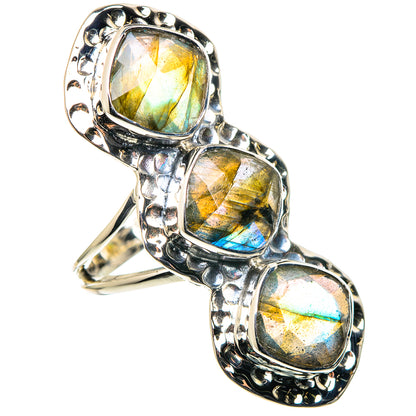 Labradorite ring in sterling silver with three iridescent oval stones, openwork bands